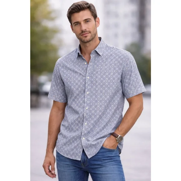 Men's CINCH Blue & White Geometric Patterned Casual Button Down Shirt M - Picture 1 of 6